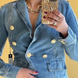Denim Double-Breasted Jacket with Gold Buttons